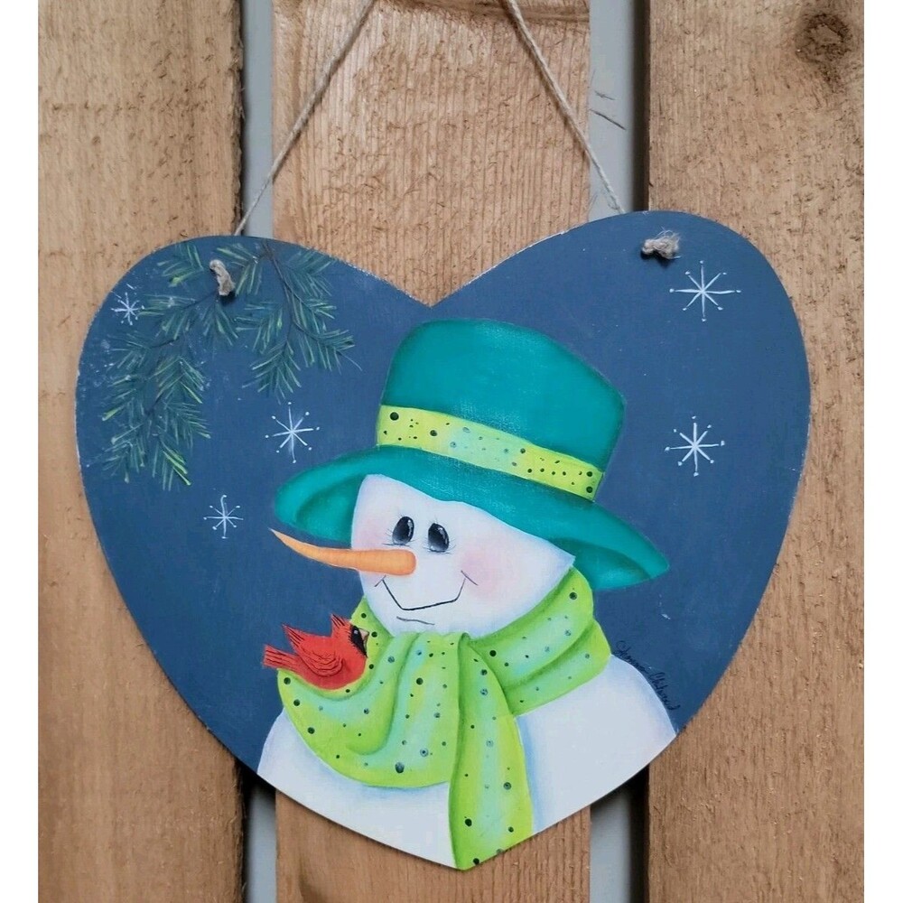 Snowman And Cardinal Heart Holiday Wall Hanging Plaque Wood